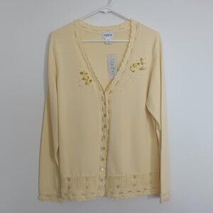 VINTAGE TOGETHER CARDIGAN YELLOW RIBBON ROSES BEADS SCALLOPS GRANDMACORE NWT 1X